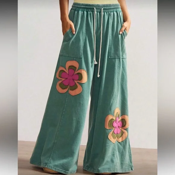 Flower patchwork pants wide leg green pink Floral Embroidered Wide-Leg Pants - Picture 4 of 6